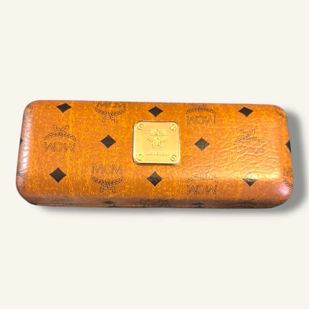 MCM Tan Logo Eyewear Case with Gold Plaque for All